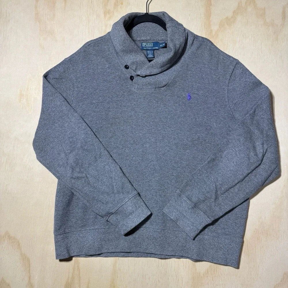 Polo Ralph Lauren Shawl Collar Sweatshirt Gray Pullover Logo XL Men